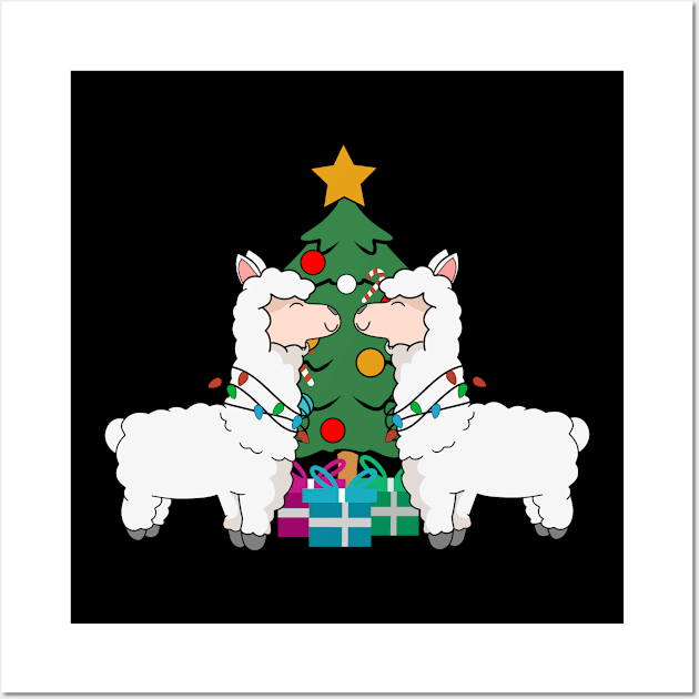 Llama Christmas Holiday Shirt with Christmas tree and Santa hat for animal lovers Wall Art by TheBeardComic